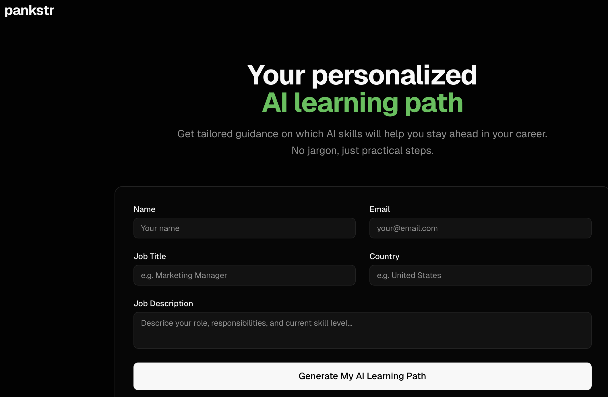 Pankstr AI Learning Advisor — Five questions about your job. One personalised AI learning path. No LinkedIn carousel required.